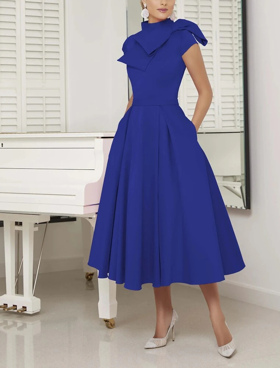 A-Line High Neck Tea Length Wedding Guest Party Dress  Satin Short Sleeve Mother of the Bride Dress with Sash / Ribbon Bow(s) Pleats