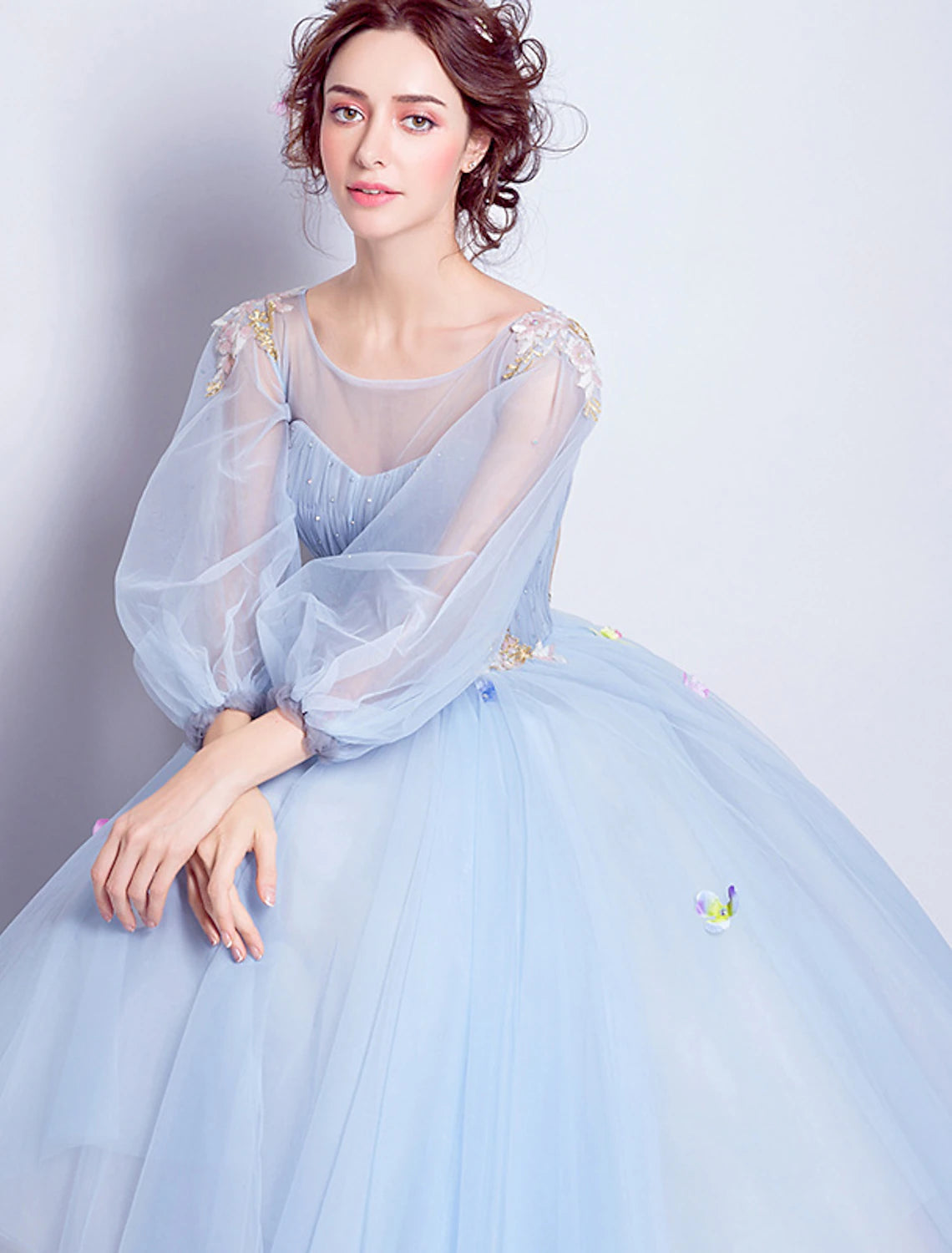 Ball Gown Prom Dresses Elegant Dress Quinceanera Engagement Floor Length 3/4 Length Sleeve Illusion Neck Tulle with Pleats Appliques