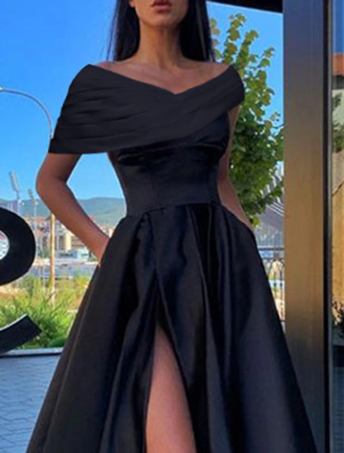 A-Line Prom Dresses Black Dress Plus Size Formal Wedding Party Floor Length Short Sleeve Off Shoulder Satin with Ruched Slit