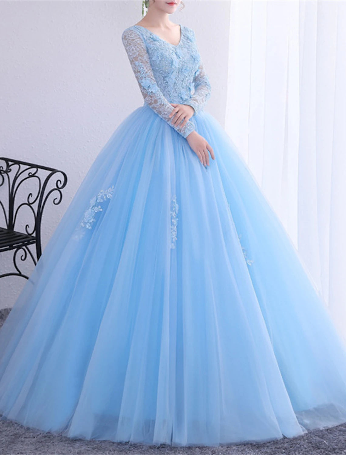 Ball Gown Princess Dress Performance Quinceanera Floor Length Long Sleeve V Neck Polyester with Crystals Appliques