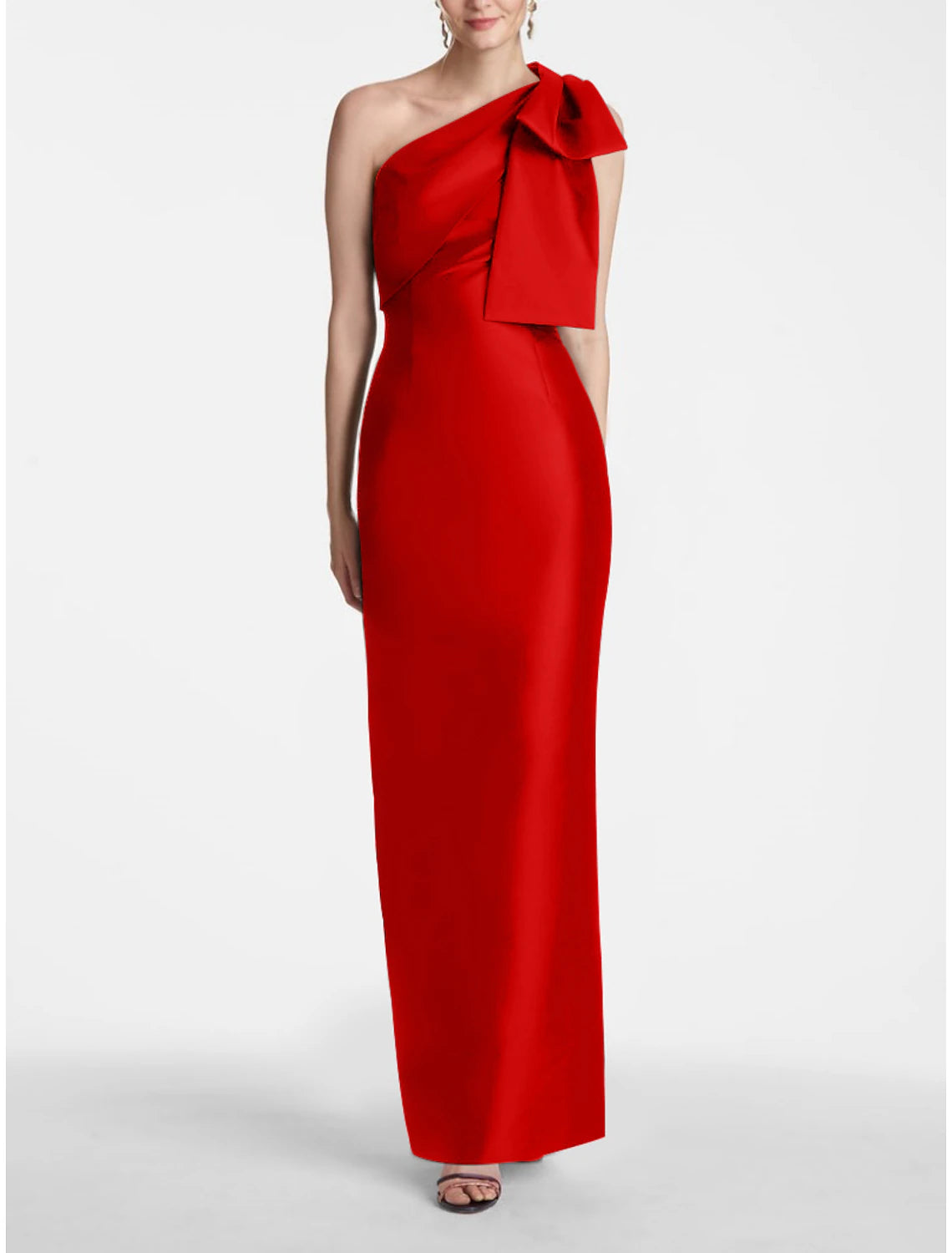 Sheath Mermaid Sleeveless Evening Gown One Shoulder Ankle Length Satin Party Dress With Bow Slit