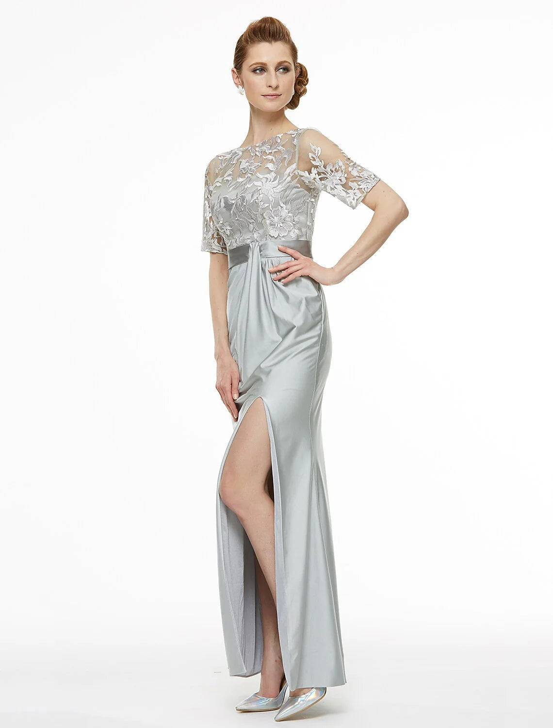 Sheath / Column Bateau Neck Ankle Length Lace / Jersey Mother of the Bride Dress with Lace / Pleats