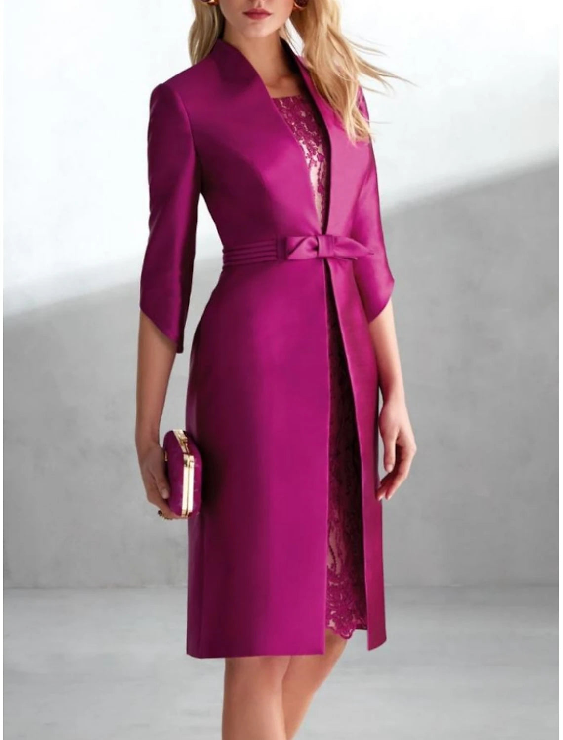 Two Piece Mother of the Bride Dress Wedding Guest Elegant Petite Scoop Neck Knee Length Satin Lace 3/4 Length Sleeve with Bow(s) Ruching