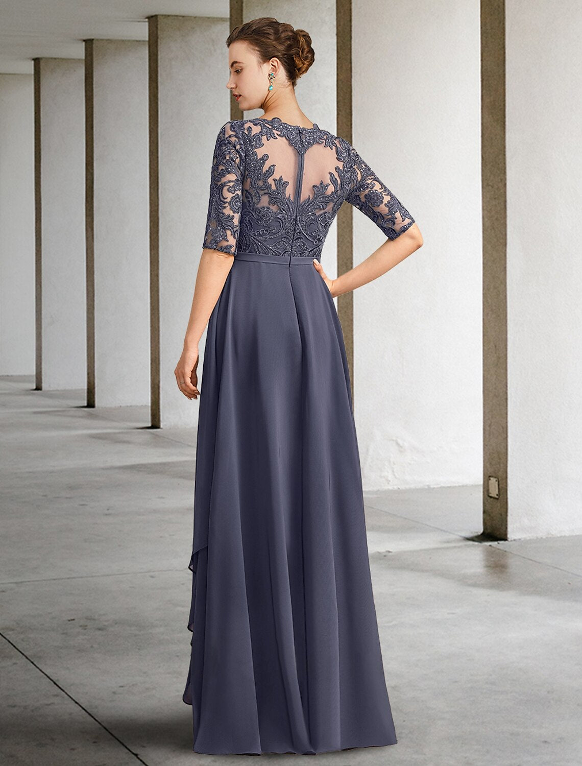 A-Line Mother of the Bride Dress Formal Wedding Guest Elegant Scoop Neck Floor Length Chiffon Lace Half Sleeve with Bow(s) Sequin