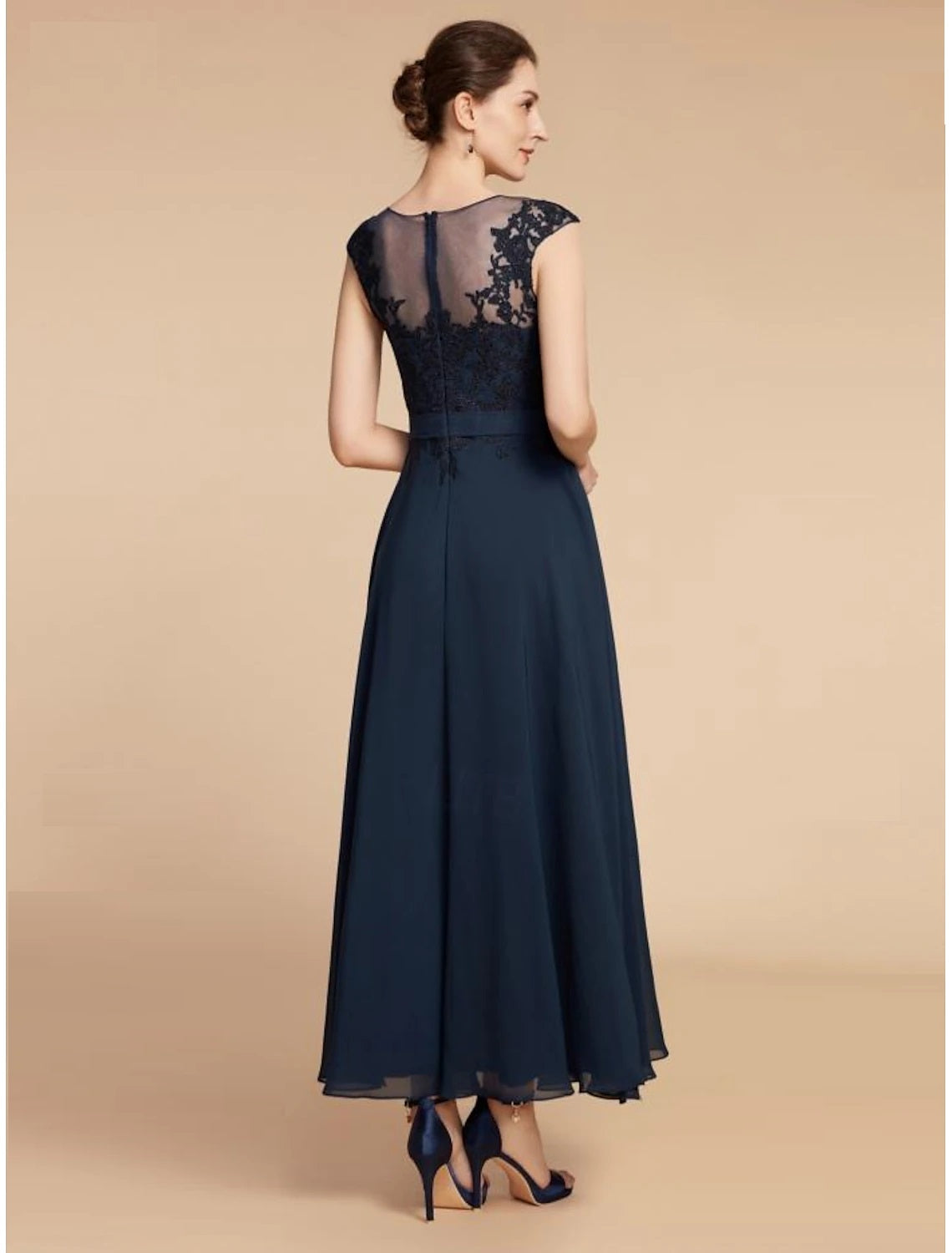 A-Line  Jewel Neck Ankle Length Wedding Guest Chiffon Lace Long Sleeve Mother of the Bride Dress with Ruching