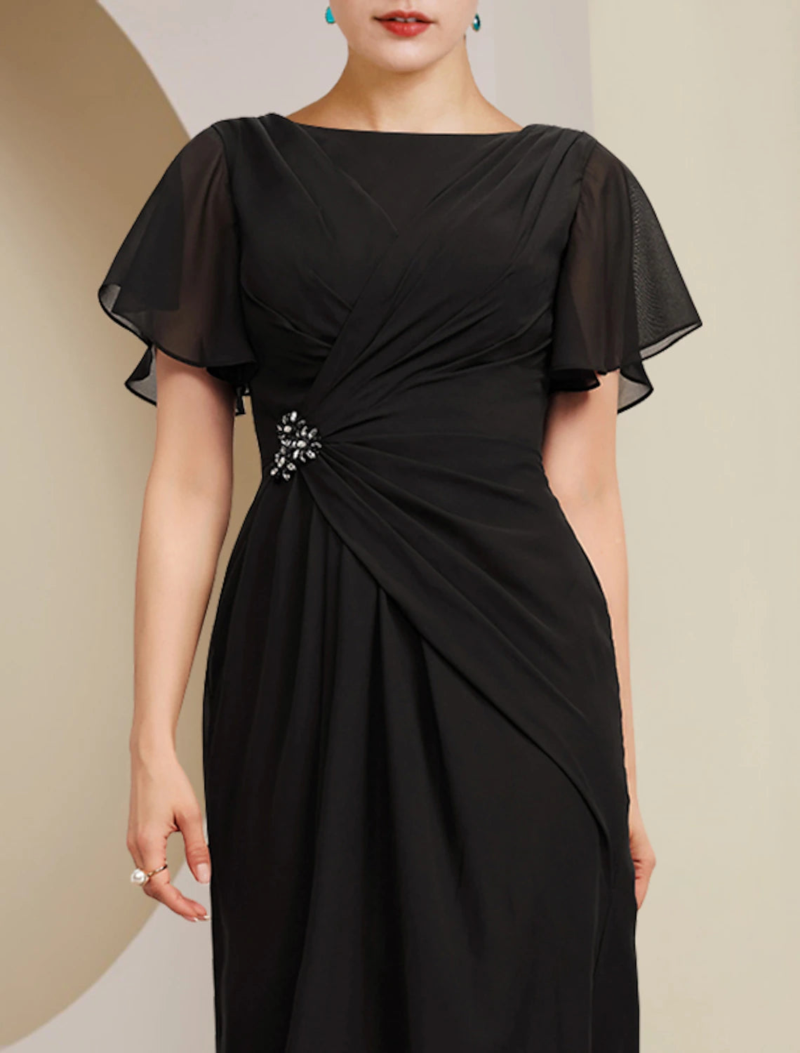Scoop Neck Ankle Length Wedding Guest Dress  Chiffon Short Sleeve  Mother of the Bride Dress  with Crystal Brooch Side-Draped