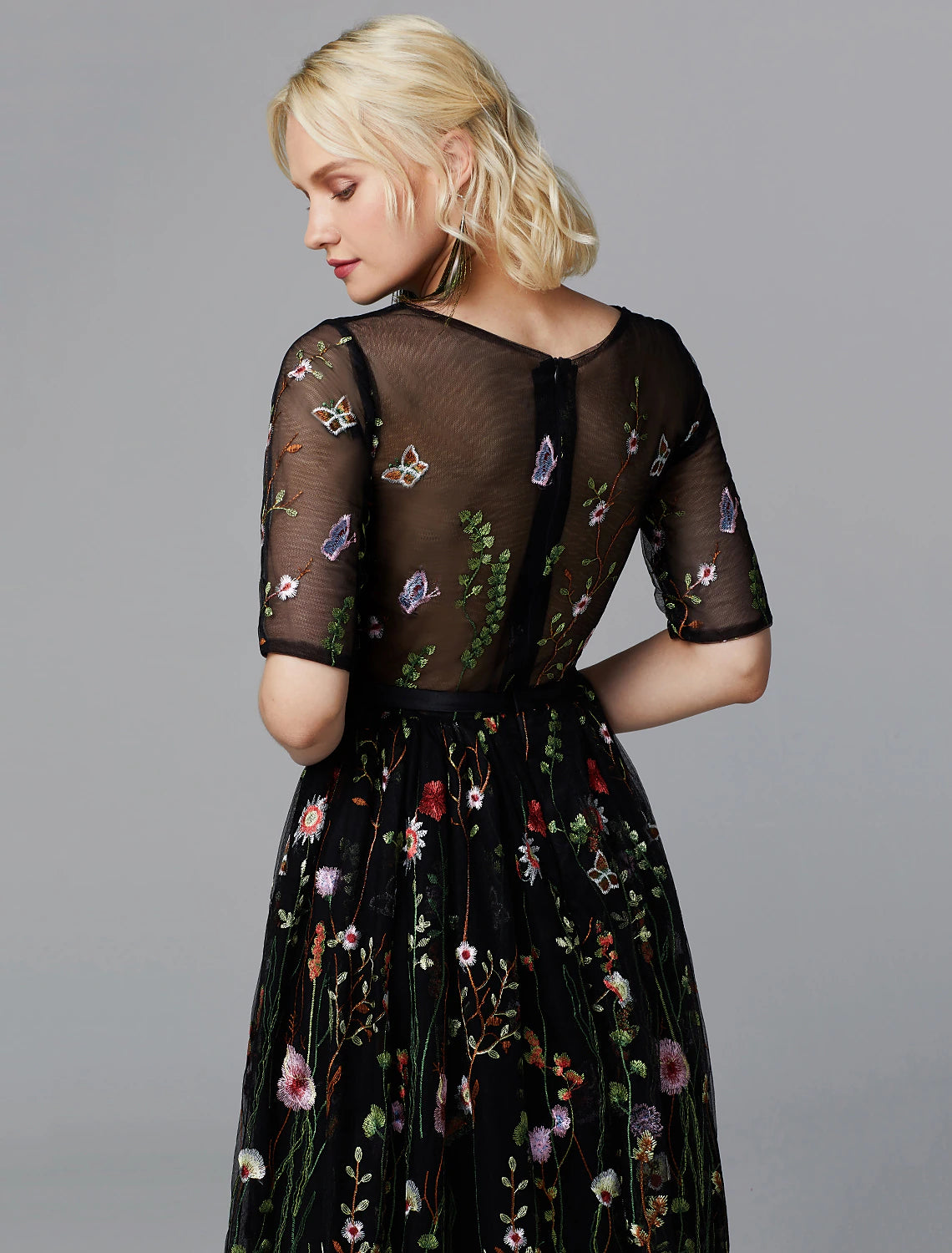 A-Line Floral Dress Valentine's Day Wedding Guest Tea Length Half Sleeve Illusion Neck Lace with Embroidery Appliques