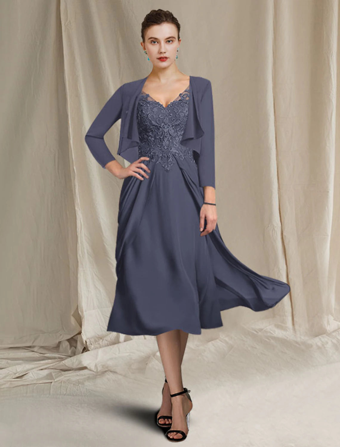 A-Line Mother of the Bride Dress Elegant Plus Size V Neck Tea Length Chiffon Lace Short Sleeve Wrap Included with Appliques