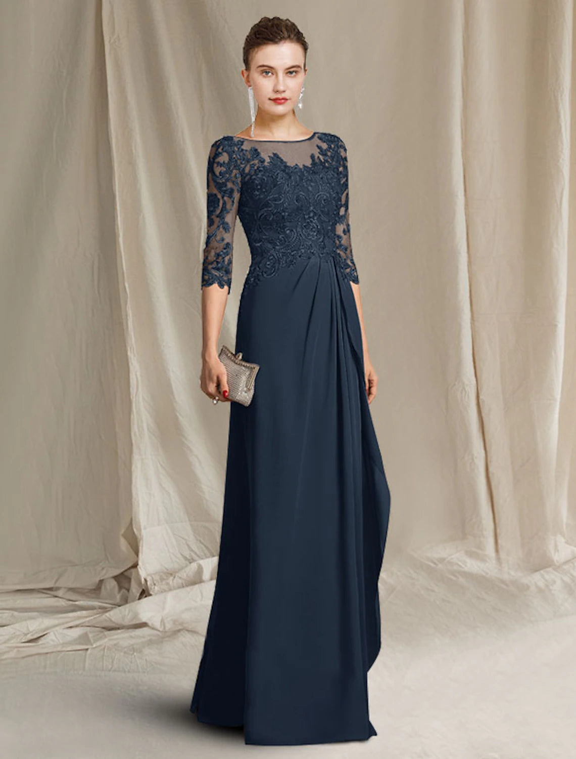 Sheath / Column Mother of the Bride Dress Elegant Plus Size Jewel Neck Floor Length Chiffon Lace 3/4 Length Sleeve with Pleats Ruffles Appliques