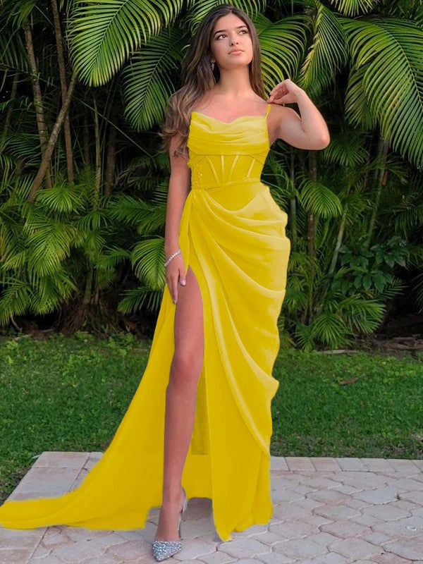 Sheath/Column Organza Ruched Spaghetti Straps Sleeveless Sweep/Brush Train Dresses