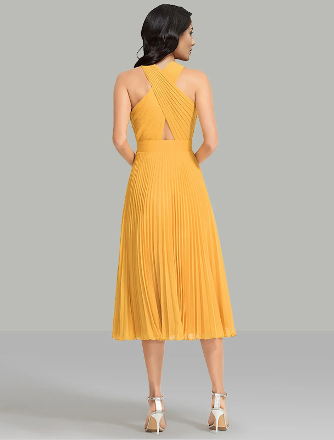 A-Line Wedding Guest Dresses Elegant Dress Cocktail Party Wedding Party Tea Length Sleeveless Halter Neck Chiffon with Ruched Crisscross