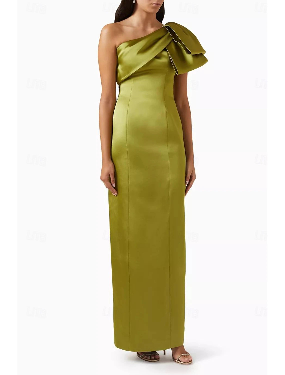 Sheath Mermaid Sleeveless Evening Gown One Shoulder Ankle Length Satin Party Dress With Bow Slit