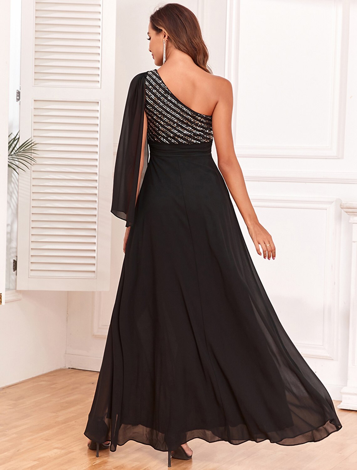 A-Line Evening Gown Elegant Dress Evening Party Party Wear Floor Length Long Sleeve One Shoulder Chiffon with Glitter Slit