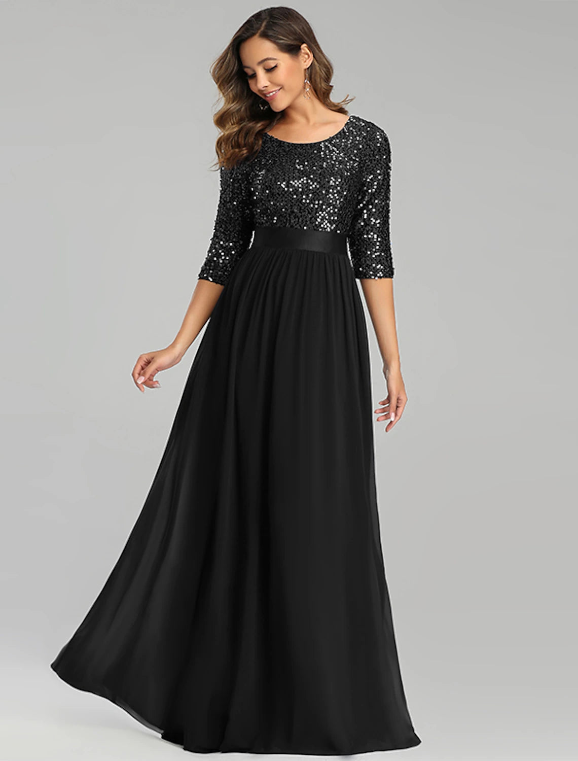 Plus Size Jewel Neck Floor Length Wedding Guest Dress Tulle Sequined 3/4 Length Sleeve Mother of the Bride Dress