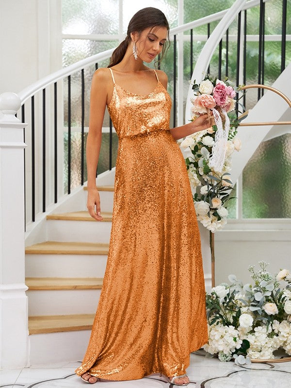 A-Line/Princess Sequins Ruched Straps Sleeveless Floor-Length Bridesmaid Dresses