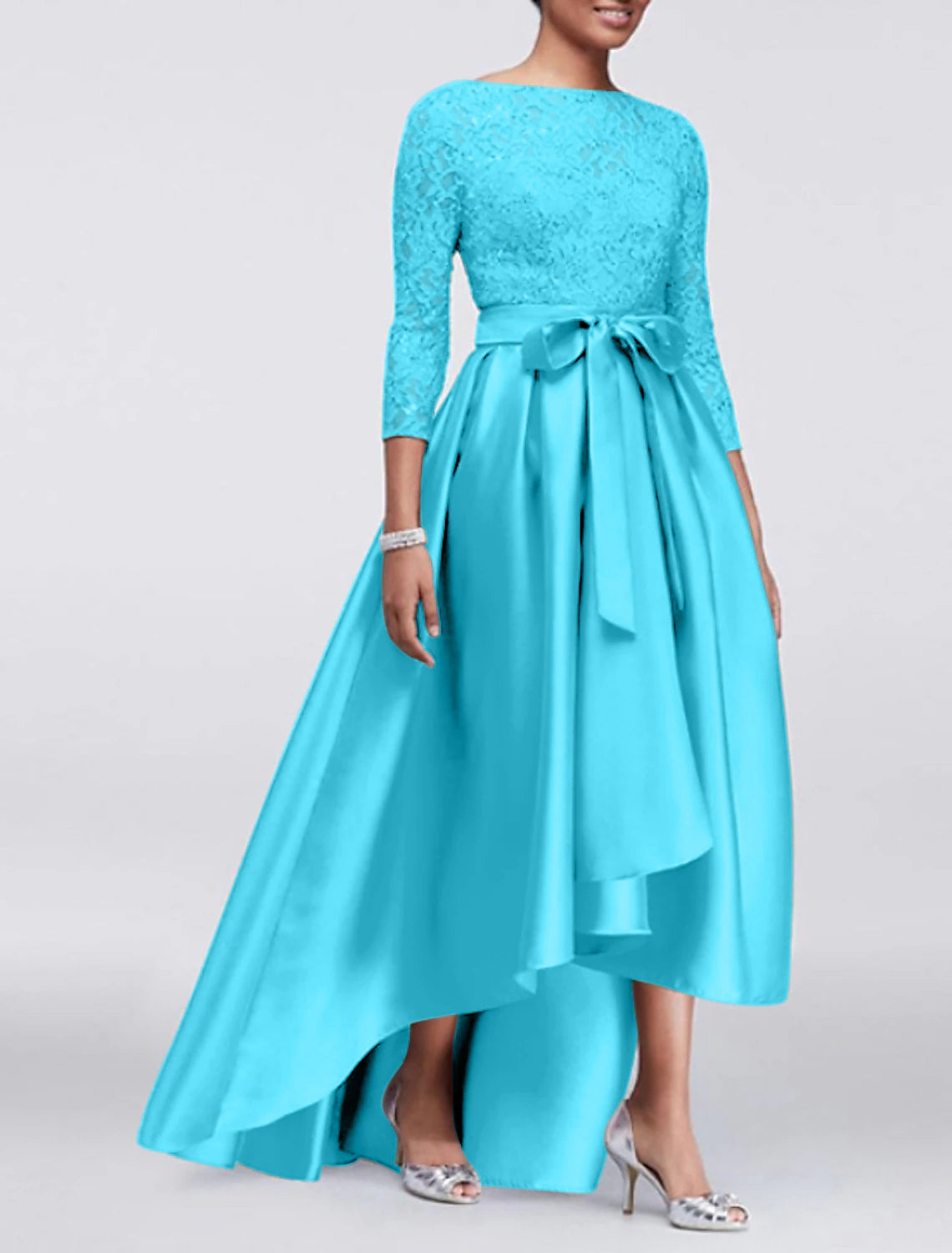 A-Line Wedding Guest Dress Plus Size Satin Lace 3/4 Length Sleeve Mother of the Bride Dress High Low Jewel Neck Asymmetrical Dress  with Sash / Ribbon Appliques