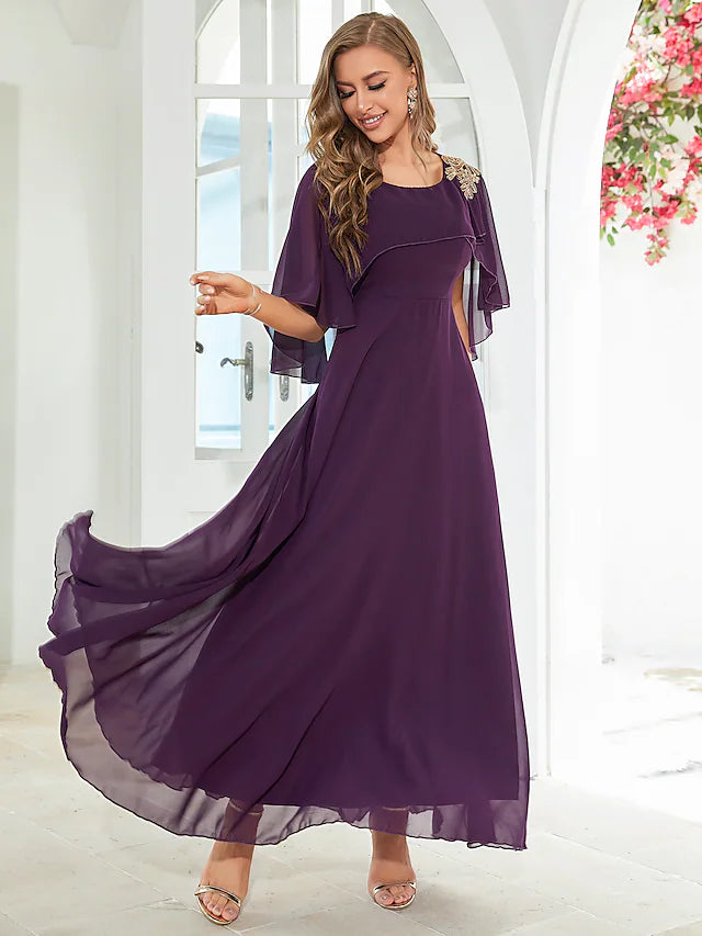 A-Line Wedding Guest Dresses Elegant Dress Party Wear Floor Length Half Sleeve  Chiffon with Ruffles