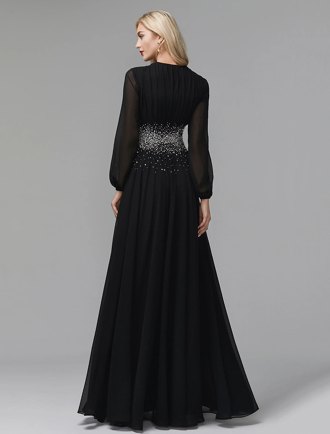 A-Line Evening Dress Celebrity Red Carpet Formal Gown Party Dress Black Tie Wedding Guest Floor Length Long Sleeve V Neck Chiffon with Sequin