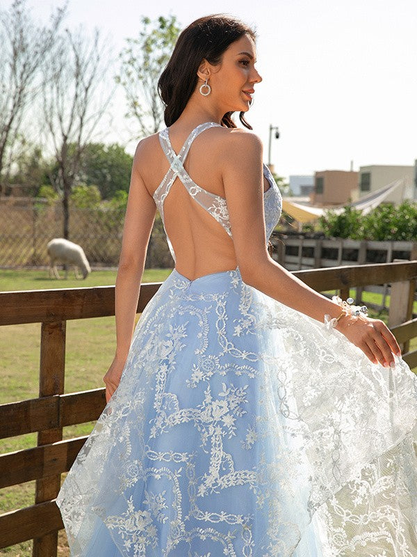 A-Line/Princess Tulle Lace V-neck Sleeveless Floor-Length Dresses