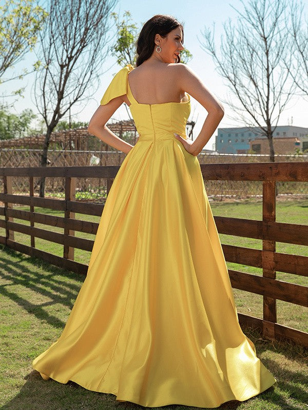 A-Line/Princess Satin Ruffles One-Shoulder Sleeveless Sweep/Brush Train Dresses