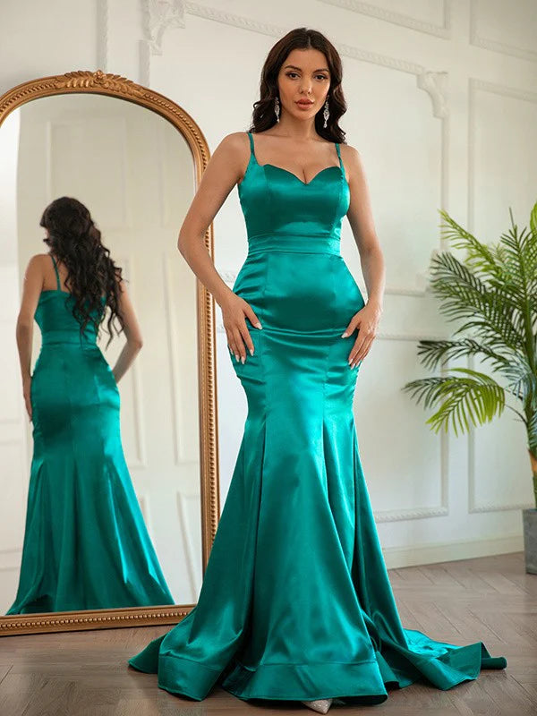 Elastic Woven Satin Ruched V-neck Sleeveless Spaghetti Straps Prom Dresses