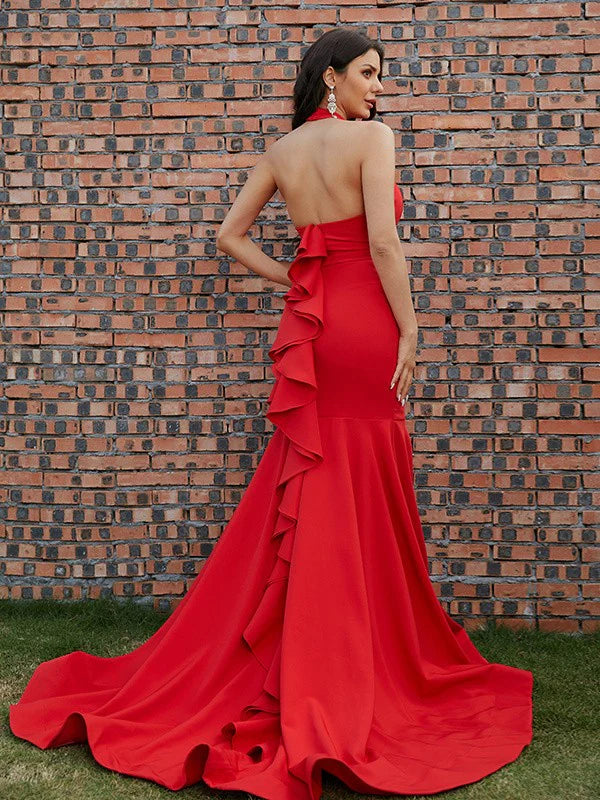 Sheath Red Stretch Crepe Ruffles Halter Sleeveless Floor Length Prom Dresses