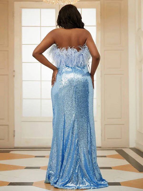 Sequins Feathers Fur Strapless Sleeveless Prom Dresses Slit Front Slit Front