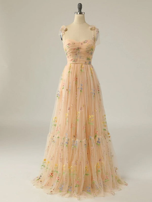 A-Line/Princess Lace Ruffles Straps Sleeveless Sweep/Brush Train Dresses