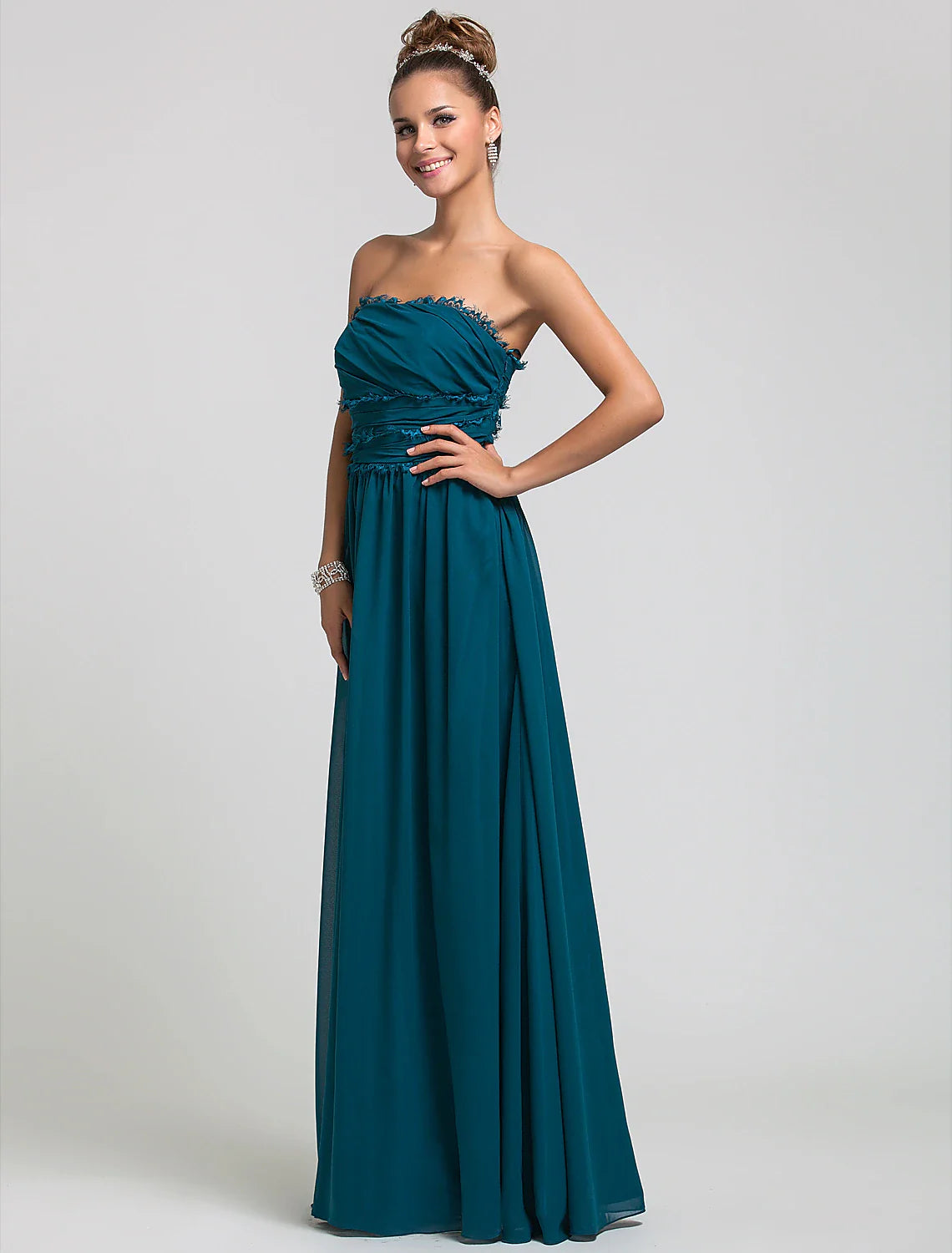 Column Strapless Floor Length Chiffon Bridesmaid Dress with Side Draping / Ruffles