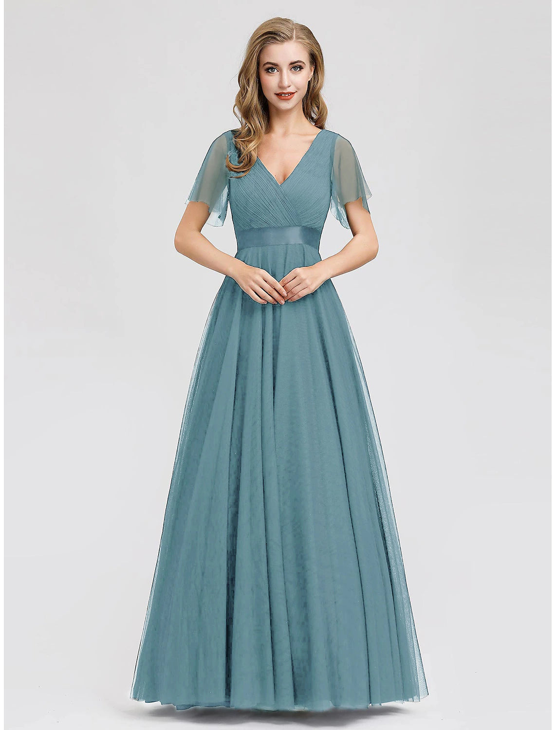 A-Line Evening Gown Empire Dress Wedding Guest Prom Floor Length Short Sleeve V Neck Bridesmaid Dress Chiffon V Back with Pleats Ruched