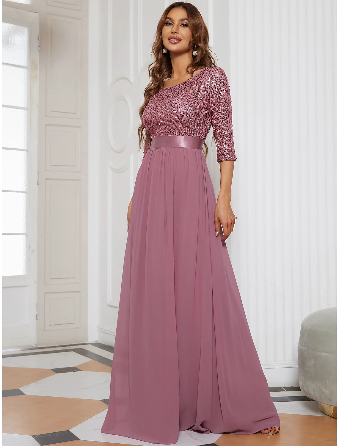 Plus Size Jewel Neck Floor Length Wedding Guest Dress Tulle Sequined 3/4 Length Sleeve Mother of the Bride Dress