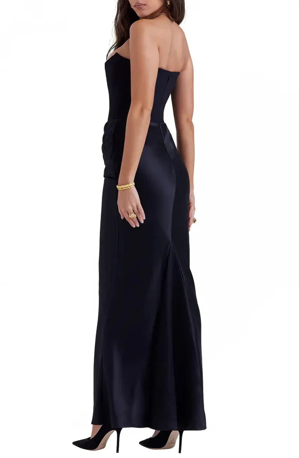 Noble black strapless off shoulder satin tight fitting corset prom dress Evening Dress