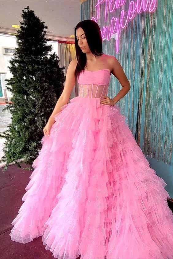 Gold Tiered Sweep/Brush Train Dresses Strapless Layered Long Prom Dress With Sequin Ruffle Beautiful