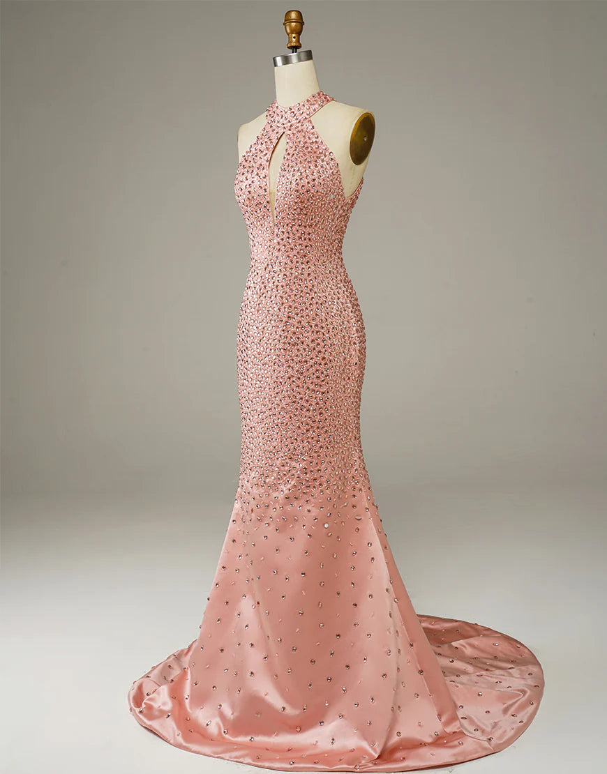 Sheath Halter Satin Long Sleeveless Prom Dresses With Rhinestones