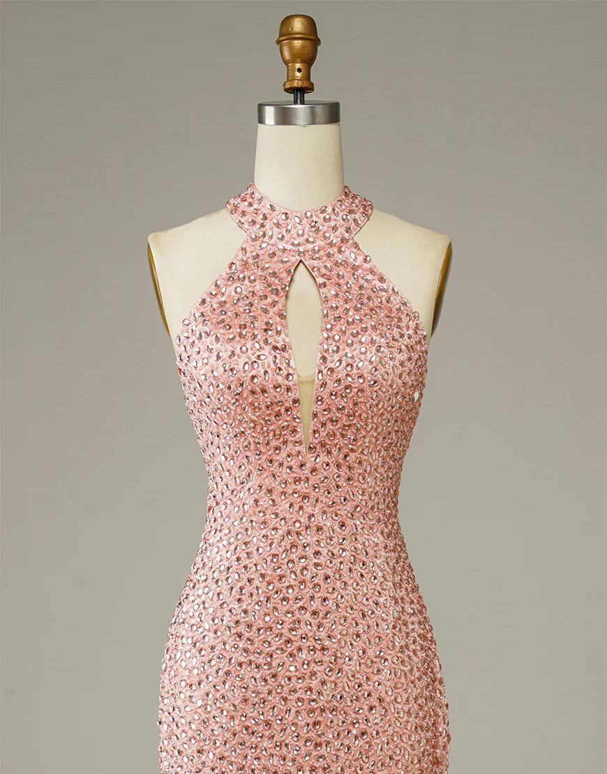 Sheath Halter Satin Long Sleeveless Prom Dresses With Rhinestones