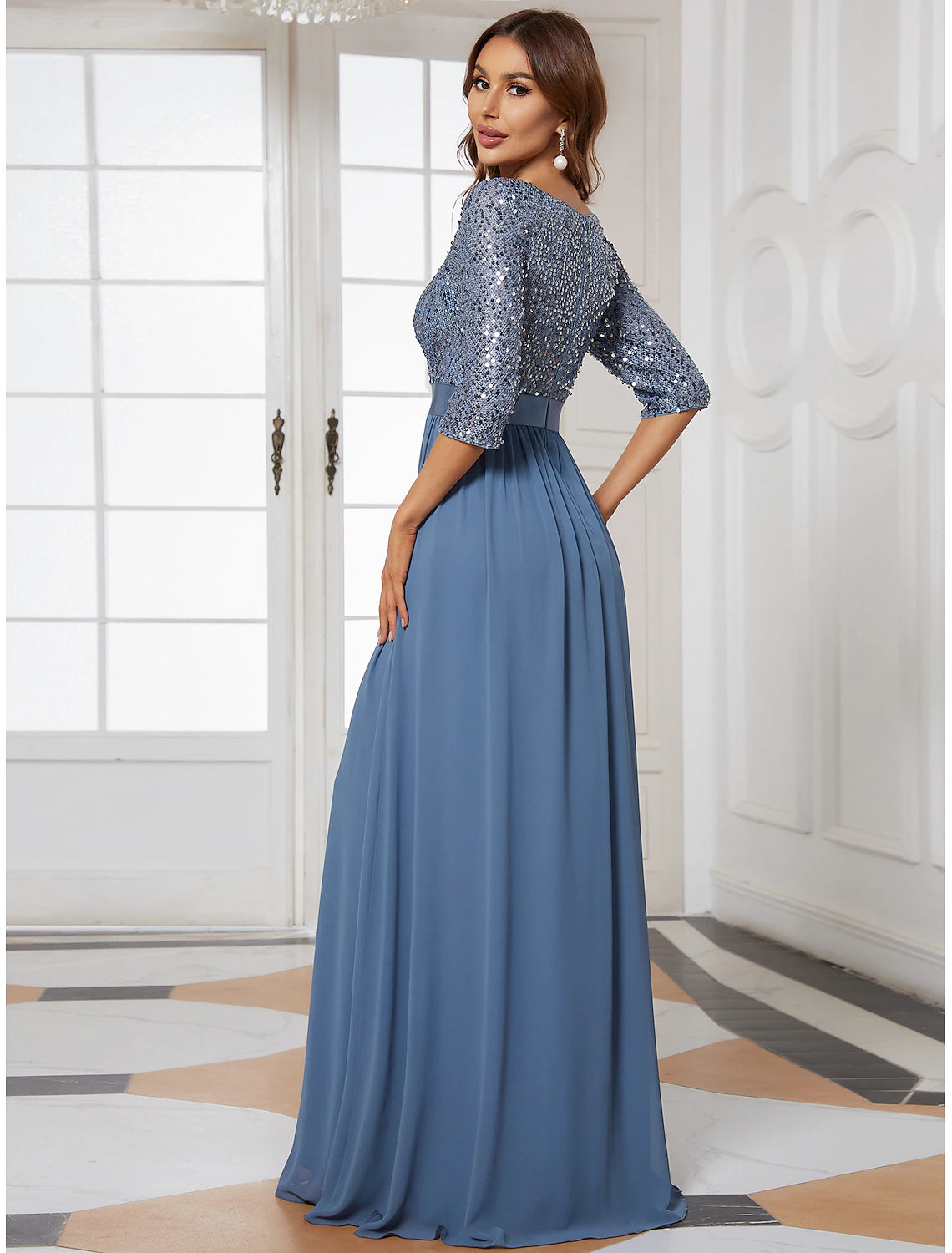 Plus Size Jewel Neck Floor Length Wedding Guest Dress Tulle Sequined 3/4 Length Sleeve Mother of the Bride Dress