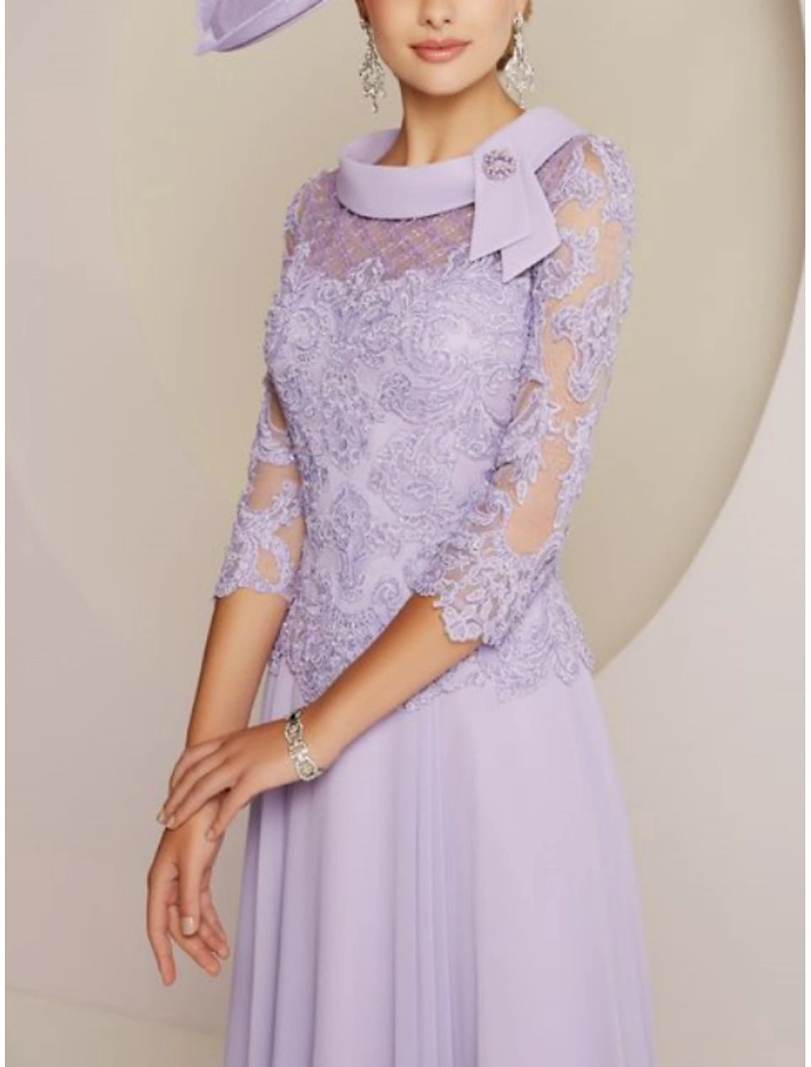 Sheath Tea Length Wedding Guest Party Dress High Scoop Neck  Chiffon Lace 3/4 Length Sleeve Mother of the Bride Dress with Pleats Beading