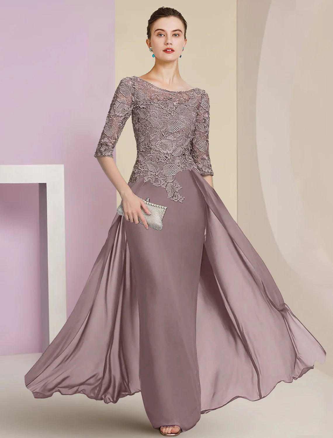 Sheath / Column Mother Bride Dress Formal Wedding Guest Elegant Scoop Neck Floor Length Chiffon Half Sleeve with Lace Appliques