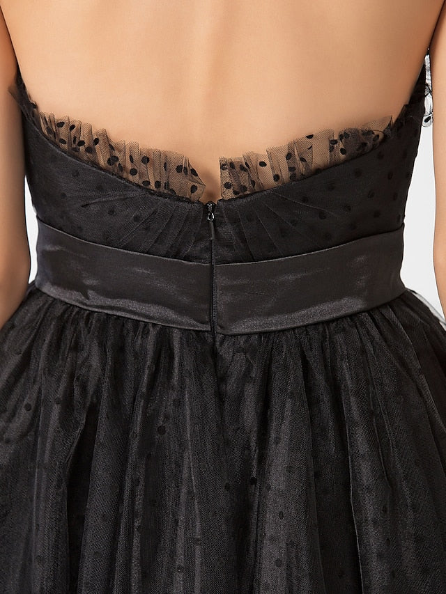 Ball Gown Little Black Dress Dress Holiday Tea Length Sleeveless Sweetheart Tulle with Sash / Ribbon