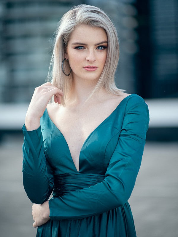 A-Line/Princess Long Sleeves Ruffles Satin Chiffon V-neck Floor-Length Party Dresses Formal Dresses