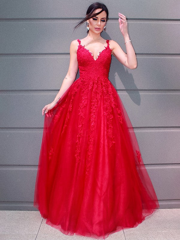 A-Line/Princess Tulle V-neck Floor-Length Applique Sleeveless Party Dresses Formal Dresses