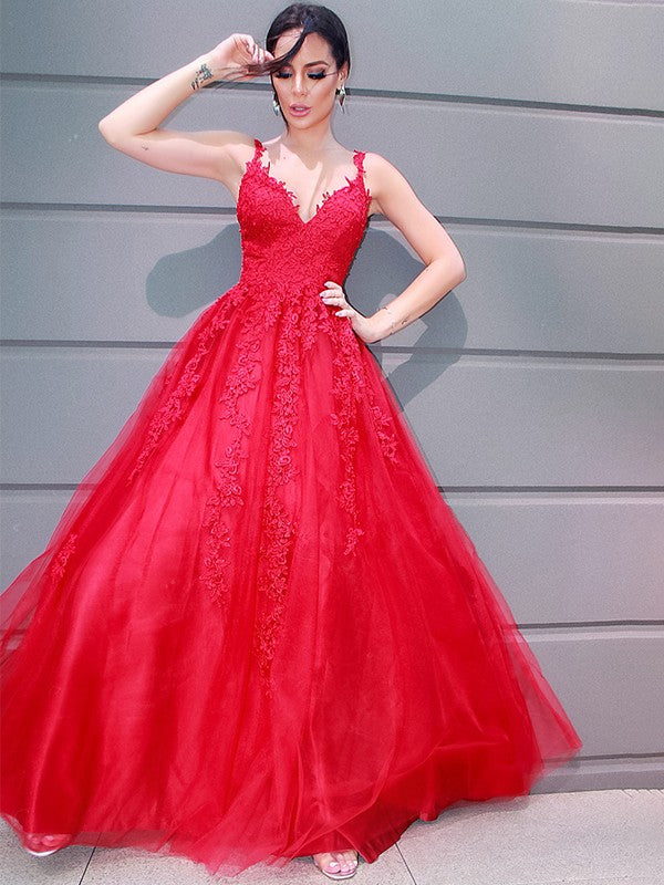 A-Line/Princess Tulle V-neck Floor-Length Applique Sleeveless Party Dresses Formal Dresses
