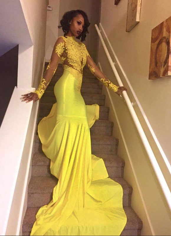 Trumpet/Mermaid High Neck Long Sleeves Sweep/Brush Train Applique Jersey Dresses