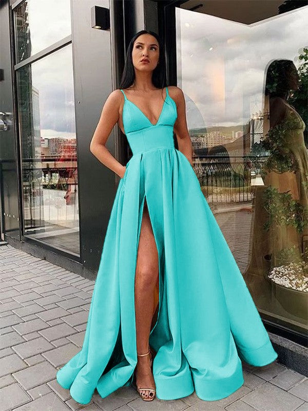 A-Line/Princess Ruffles Satin Spaghetti Straps Sleeveless Floor-Length Party Dresses Formal Dresses