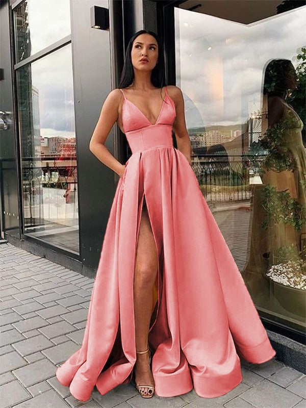 A-Line/Princess Ruffles Satin Spaghetti Straps Sleeveless Floor-Length Party Dresses Formal Dresses