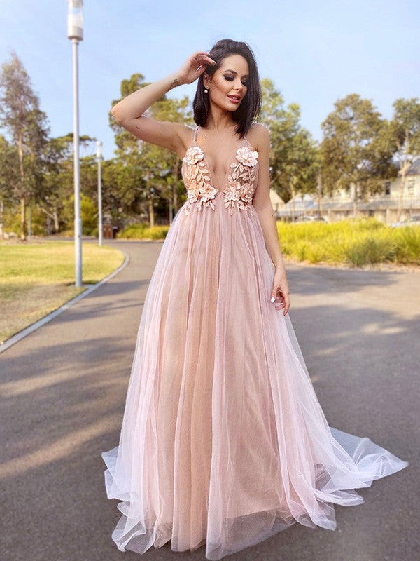 A-Line/Princess Tulle V-neck Hand-Made Flower Sleeveless Sweep/Brush Train Party Dresses Formal Dresses
