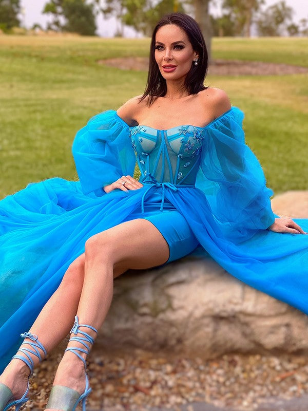 A-Line/Princess Tulle Beading Off-the-Shoulder Long Sleeves Sweep/Brush Train Party Dresses Formal Dresses