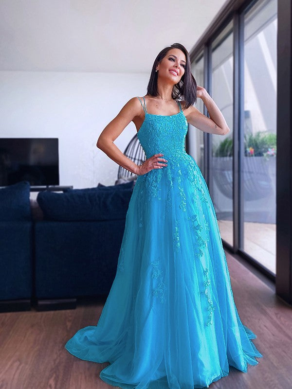 A-Line/Princess Spaghetti Straps Tulle Sleeveless Applique Sweep/Brush Train Dresses Party Dresses Formal Dresses