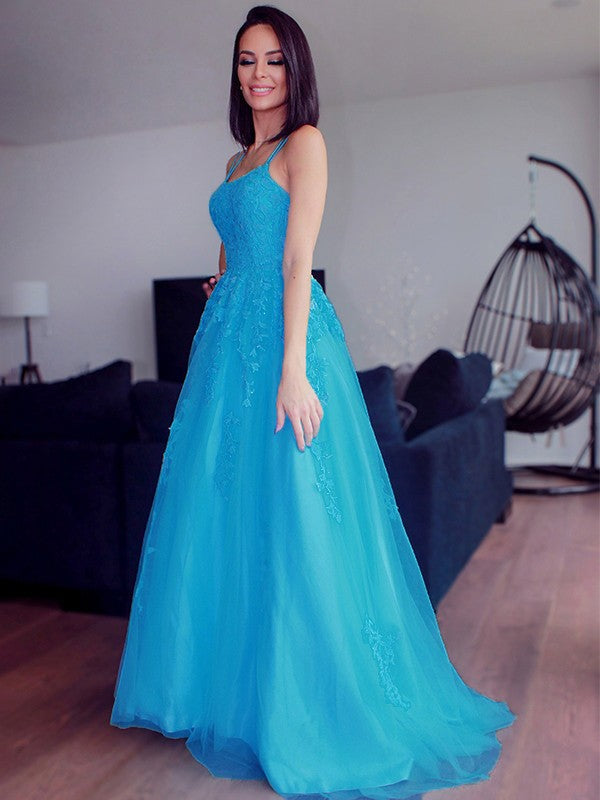 A-Line/Princess Spaghetti Straps Tulle Sleeveless Applique Sweep/Brush Train Dresses Party Dresses Formal Dresses