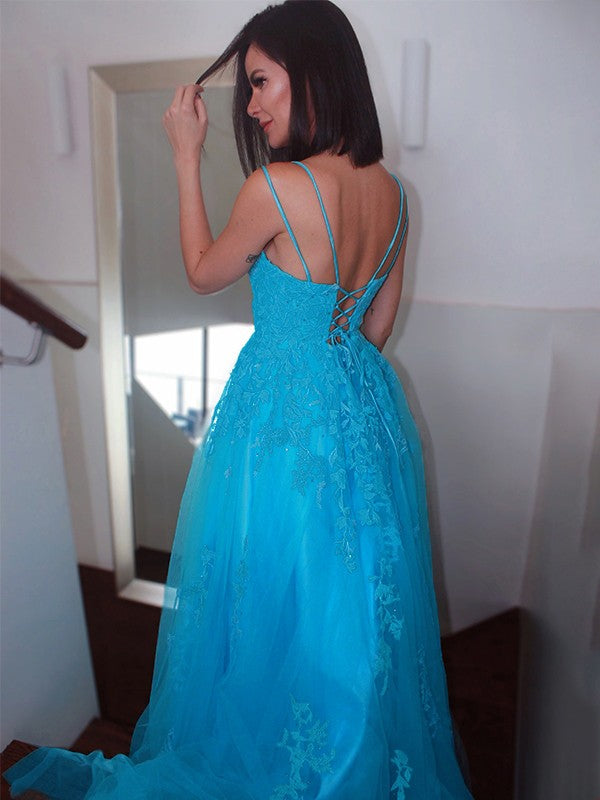 A-Line/Princess Spaghetti Straps Tulle Sleeveless Applique Sweep/Brush Train Dresses Party Dresses Formal Dresses